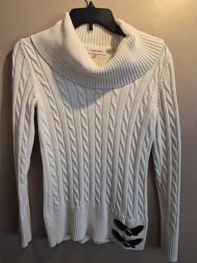 Calvin Klein Cream Cable Knit Cowl Sweater with Buckle Accents